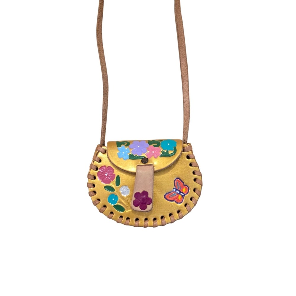 Yellow Tan Colorful Leather Mexican Butterfly Flower Cute Summer Snap Mini Purse